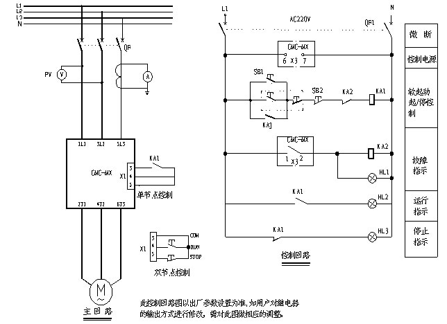 CMC-MX內置旁路軟起動(dòng)器基本接線(xiàn)原理圖、三角形內接連接圖和典型應用接線(xiàn)圖(圖3)